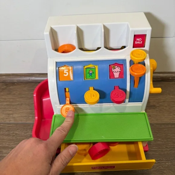 Vintage Fisher Price Cash Register, Working Bell, Functional Buttons, 5 Coins - Picture 6 of 14